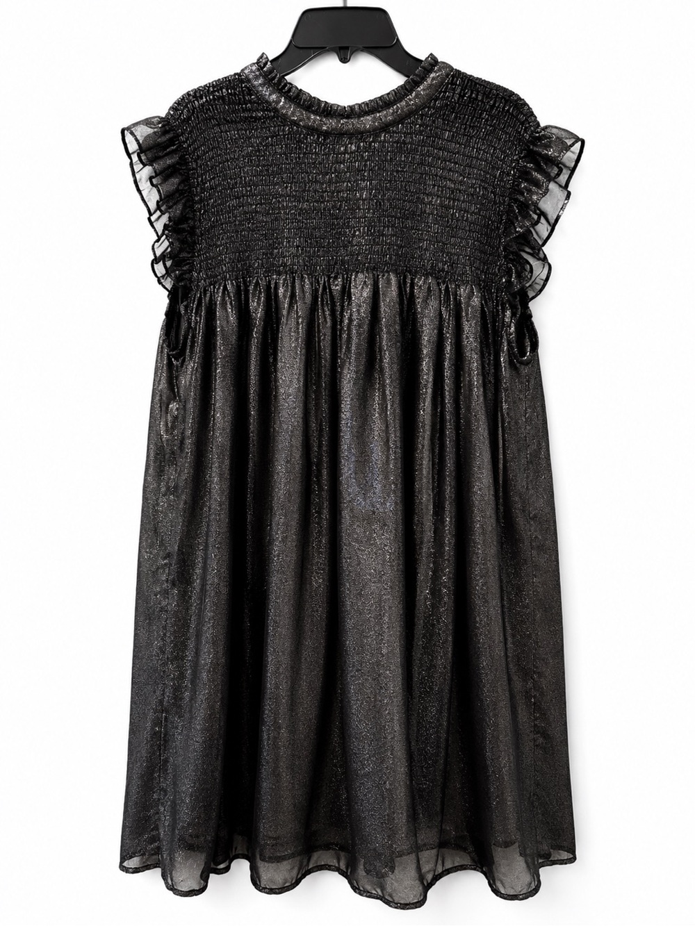 THML Black Metallic Smocked Ruffle Sleeve Babydoll Dress Medium